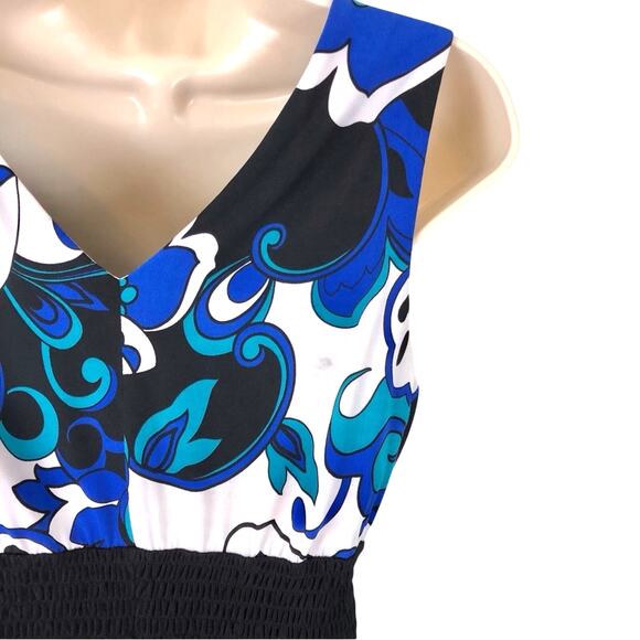 Rabbit Rabbit Rabbit Blue Floral Fit & Flare Dress Sleeveless Black Trim V Neck - Picture 4 of 16